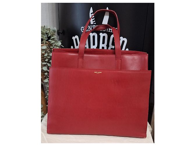 Shopping Monogramme Yves Saint Laurent Leather Tote Bag Dark Red - view 3