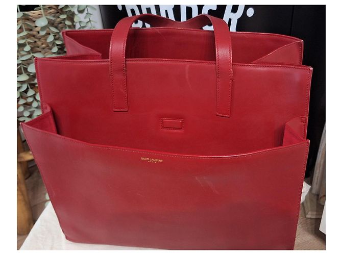 Shopping Monogramme Yves Saint Laurent Leather Tote Bag Dark Red - view 7