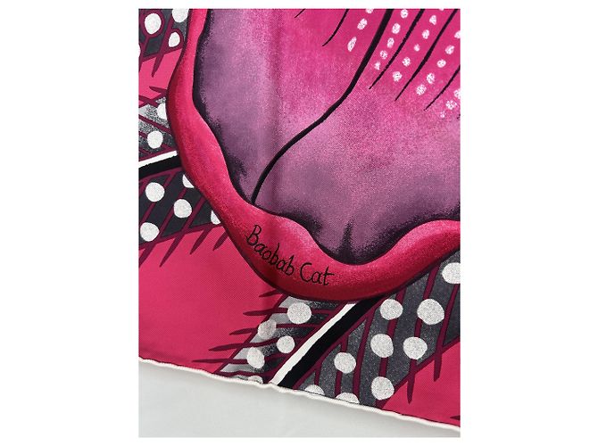 Hermès Seidenschal "Baobab Katze" Schwarz Pink Weiß Grau - Ansicht 3