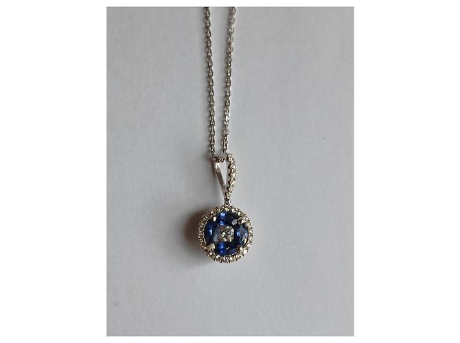 Autre Marque Aurum Halskette mit Blauem Saphir und Diamant 18ct Weißgold Silber Hardware - Ansicht 2