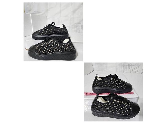Chanel 2018 Interlocking CC Logo Sneakers Schwarz/Silber Größe 37 Silber Hardware - Ansicht 4