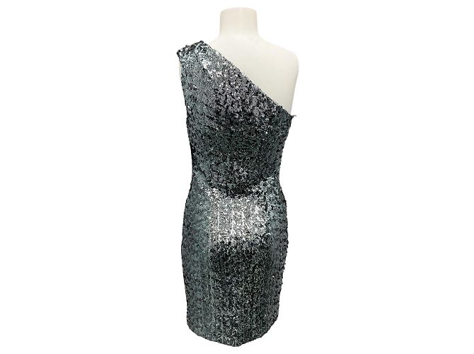 Haney Silber Metallic Pailletten Ein-Schulter Mini Kleid - Ansicht 3