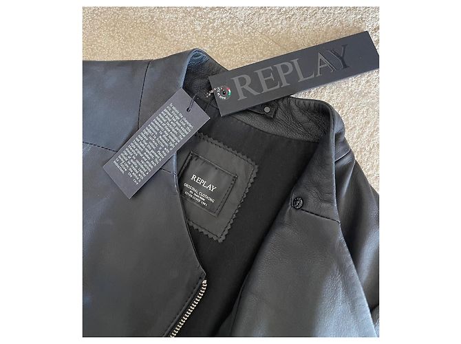 Autre Marque Schwarze Lederjacke oder schwarzes Replay-Leder-Perfecto Größe T.S Neu - Ansicht 7