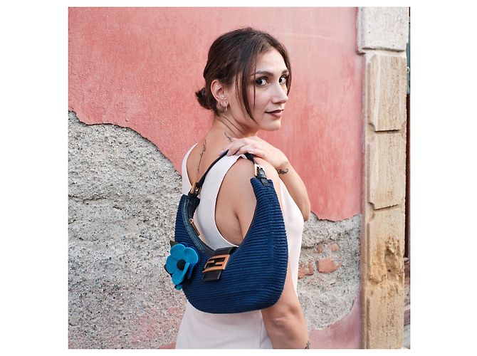 Borsa Fendi Baguette Croissant in lana blu - vista 10