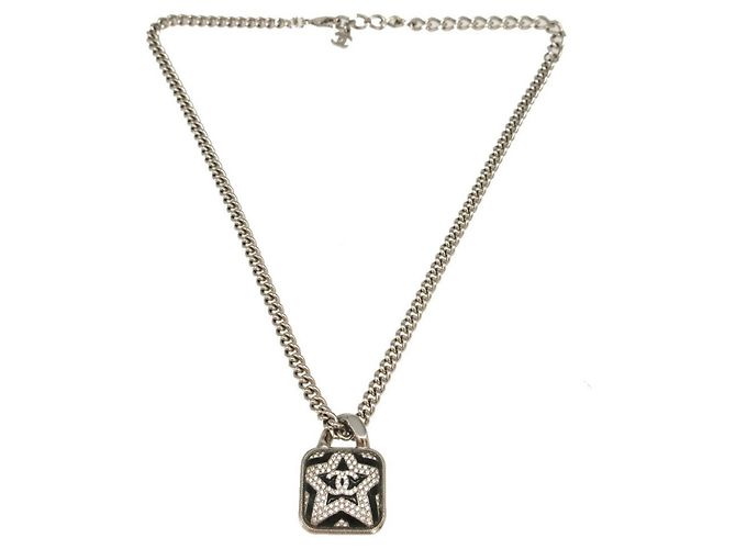 Chanel A23K Coco Mark Metall Stein Stern Anhänger Halskette Schwarz Silber - Ansicht 2