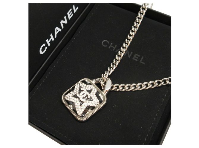 Chanel A23K Coco Mark Metall Stein Stern Anhänger Halskette Schwarz Silber - Ansicht 3