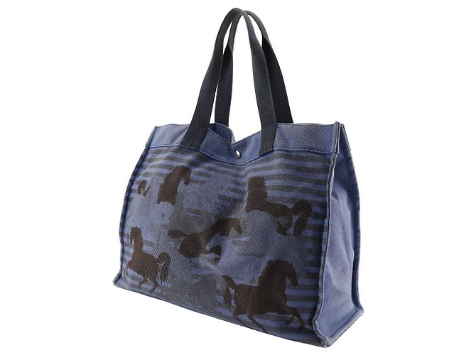 Hermès Hermes Chevaux Tote Bag aus Canvas Blau/Schwarz - Ansicht 2