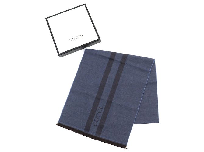 Sciarpa in lana a spina di pesce con logo GUCCI blu marrone - vista 2