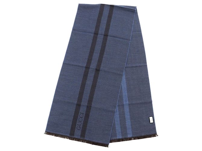 Sciarpa in lana a spina di pesce con logo GUCCI blu marrone - vista 3