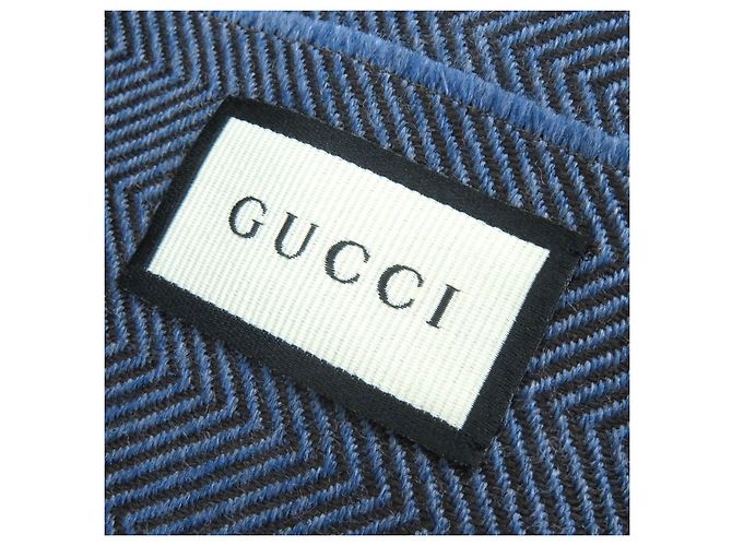 Sciarpa in lana a spina di pesce con logo GUCCI blu marrone - vista 8