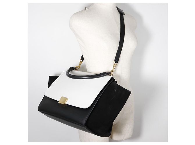 Céline Borsa Celine Trapeze in pelle scamosciata nera e bianca Nero - vista 7