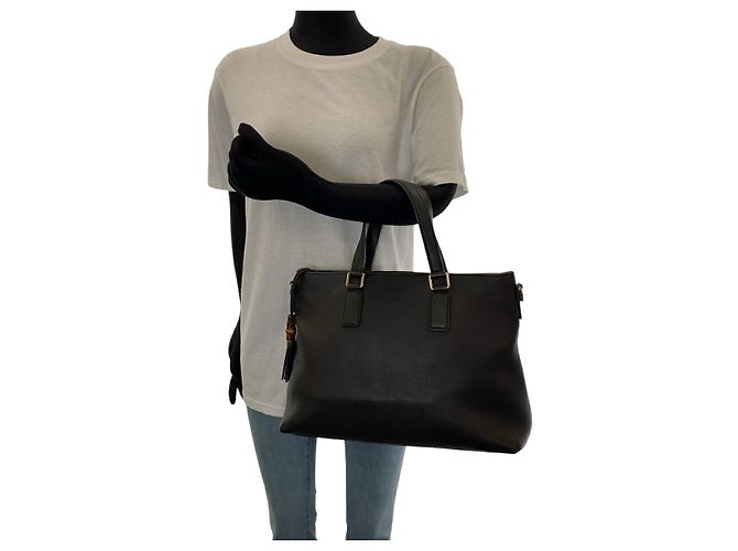 Borsa in pelle con frange Gucci Bamboo Nero - vista 6