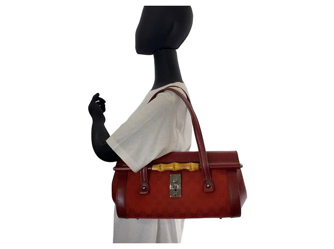 Gucci Bamboo GG Canvas Leder Schultertasche Rot - Ansicht 8