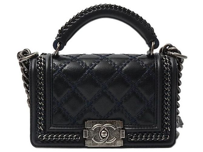 Chanel Leather Boy Handle Chain Shoulder Bag Blue - view 2