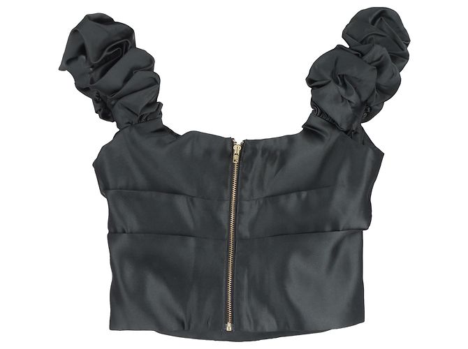 Loveshackfancy plissiertes gerafftes Off-Shoulder-Crop-Top aus schwarzem Polyester - Ansicht 2