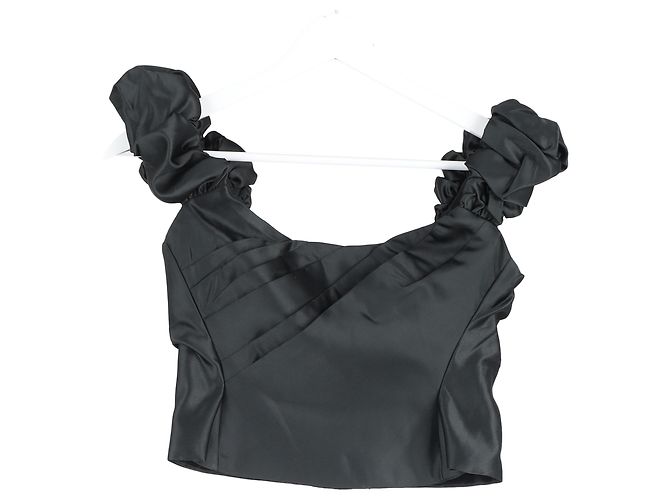 Loveshackfancy plissiertes gerafftes Off-Shoulder-Crop-Top aus schwarzem Polyester - Ansicht 4
