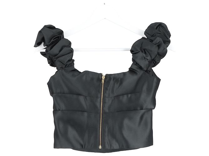 Loveshackfancy plissiertes gerafftes Off-Shoulder-Crop-Top aus schwarzem Polyester - Ansicht 5