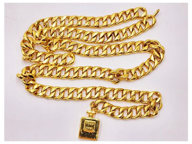 Chanel Vintage Chunky Doppel-Drapierte Parfümflasche Halskette Gürtel Gold hardware - Ansicht 10