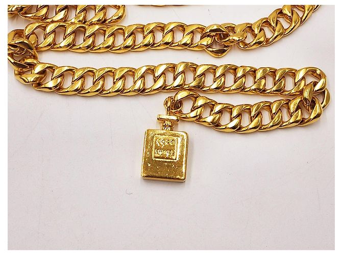 Chanel Vintage Chunky Doppel-Drapierte Parfümflasche Halskette Gürtel Gold hardware - Ansicht 11