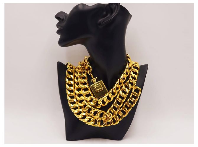 Chanel Vintage Chunky Doppel-Drapierte Parfümflasche Halskette Gürtel Gold hardware - Ansicht 16