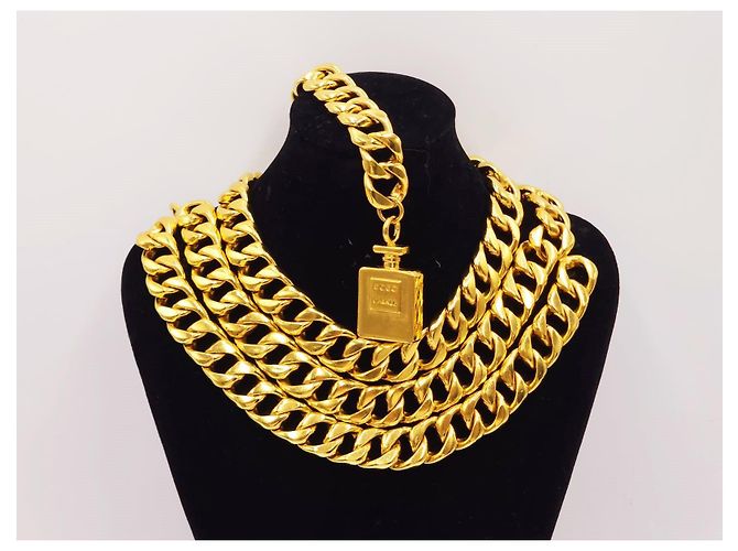Chanel Vintage Chunky Doppel-Drapierte Parfümflasche Halskette Gürtel Gold hardware - Ansicht 17