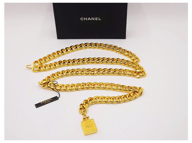 Chanel Vintage Chunky Doppel-Drapierte Parfümflasche Halskette Gürtel Gold hardware - Ansicht 4