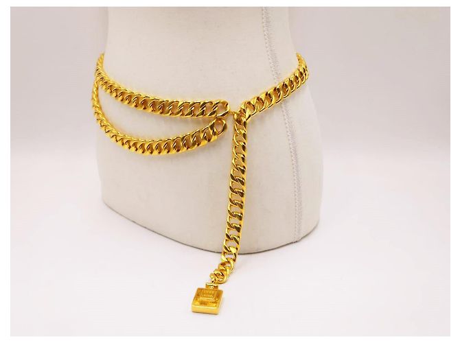 Chanel Vintage Chunky Doppel-Drapierte Parfümflasche Halskette Gürtel Gold hardware - Ansicht 8