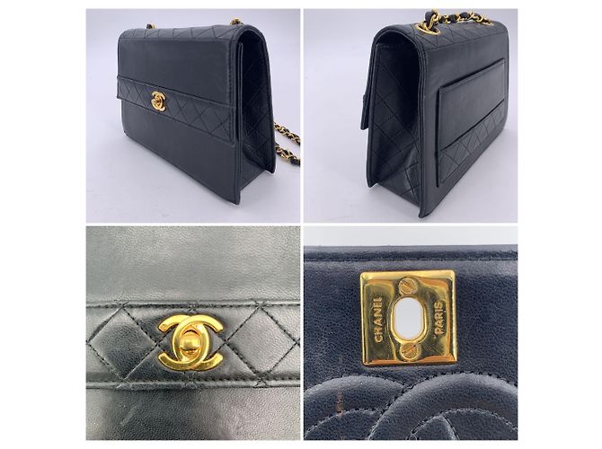 Chanel Bolsa transversal trapezoidal de couro preto com quilt vintage - vista 6
