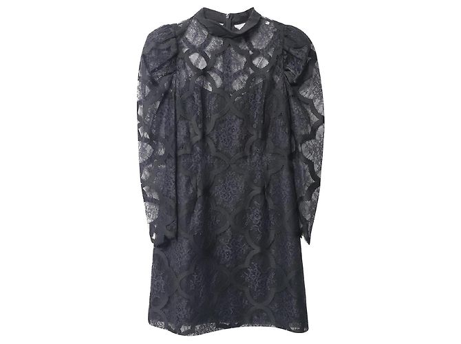 Sandro Paris Vestido Corazón Encaje Cuello Alto Negro - vista 6