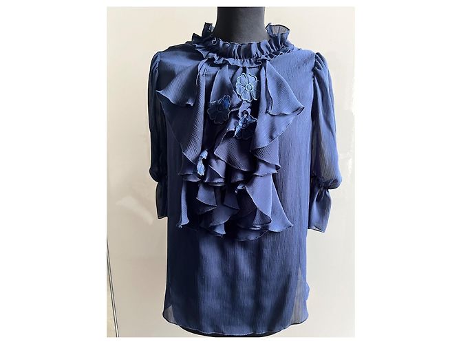 Blusa See by Chloé in chiffon di seta blu navy - vista 2