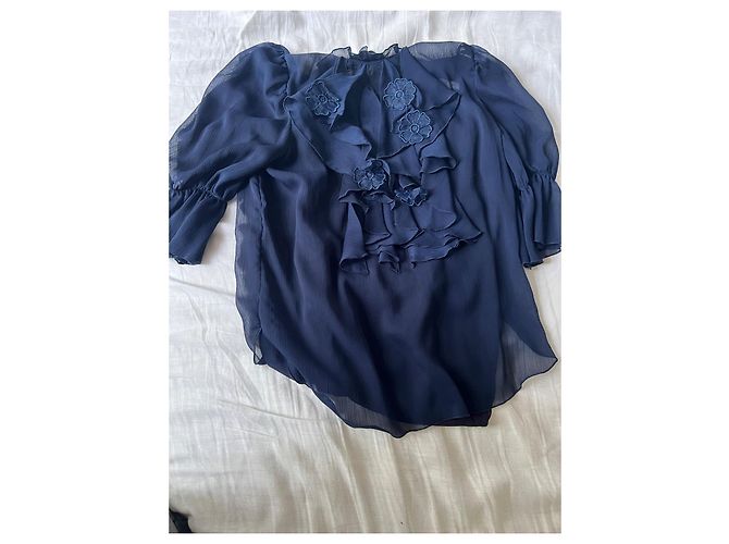 Blusa See by Chloé in chiffon di seta blu navy - vista 6