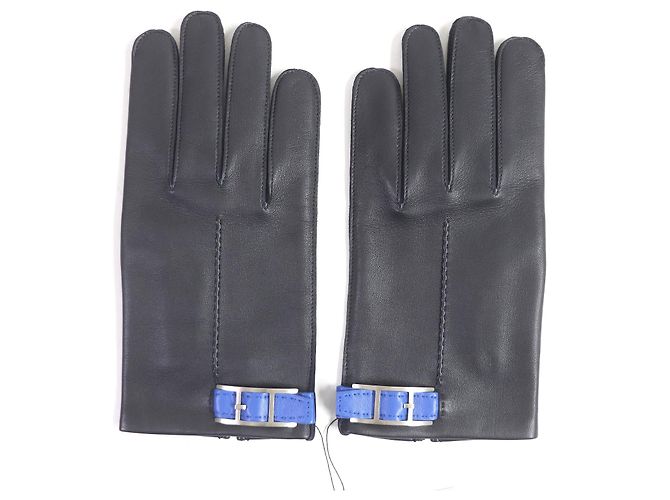 Hermès Guanti in pelle e seta HERMES blu scuro - vista 3