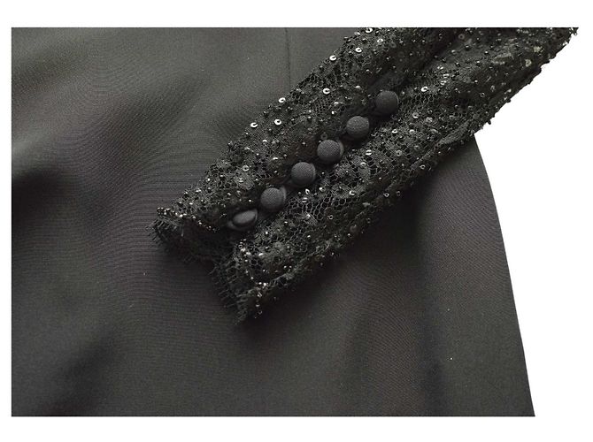 Escada Couture Black Silk Lace Beaded Maxi Evening Gown Dress 36 - view 8