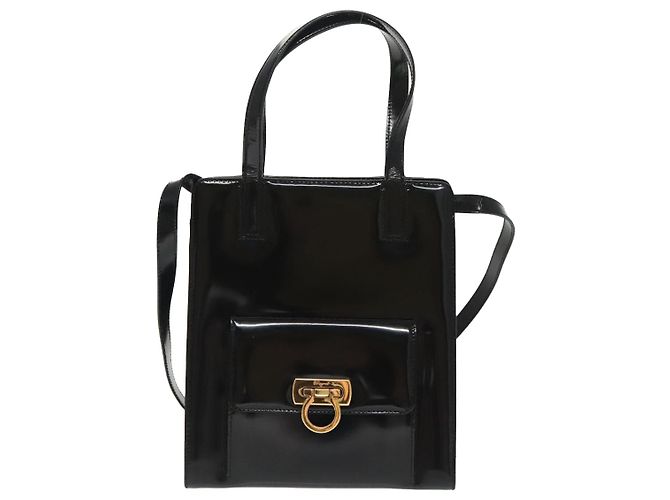 Borsa a spalla Gancini in vernice 2way nera e oro Auth ki5031 di Salvatore Ferragamo Nero D'oro - vista 13