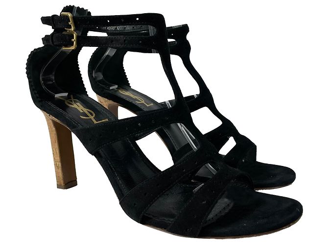 Sandali Cage Saint Laurent in Camoscio Nero - vista 2