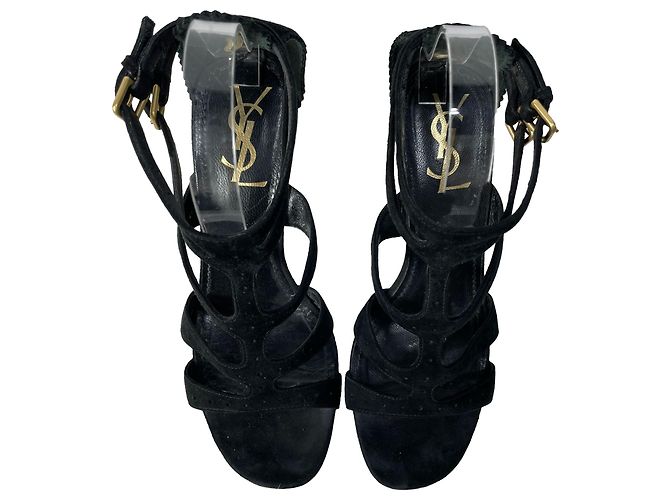 Sandali Cage Saint Laurent in Camoscio Nero - vista 6