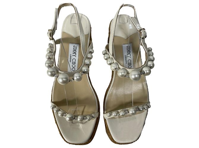 Sandali con zeppa Jimmy Choo Latte con perle in pelle nappa bianca Bianco - vista 3