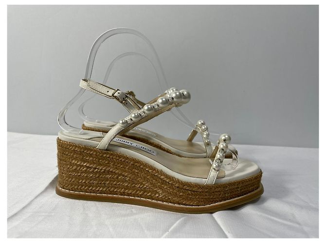Sandali con zeppa Jimmy Choo Latte con perle in pelle nappa bianca Bianco - vista 8