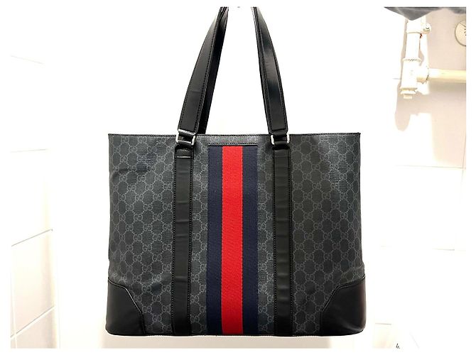 Borsa Tote Gucci GG Supreme in pelle nera Nero Rosso Grigio - vista 2