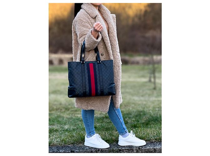 Borsa Tote Gucci GG Supreme in pelle nera Nero Rosso Grigio - vista 21