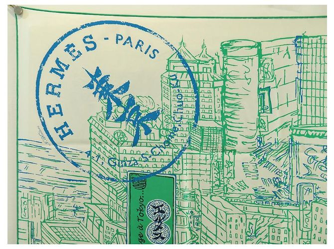 Hermès RARE FULARD HERMES IN TRANSITO A TOKYO VIALARS 2007 FULARD IN SETA 90 CM Verde - vista 2