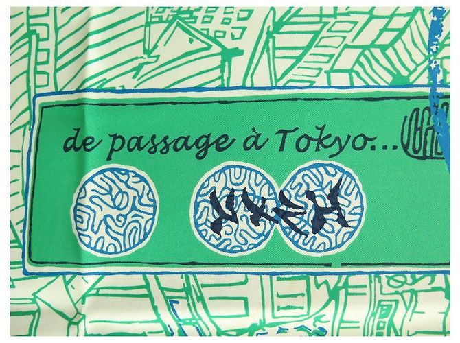 Hermès RARE FULARD HERMES IN TRANSITO A TOKYO VIALARS 2007 FULARD IN SETA 90 CM Verde - vista 7