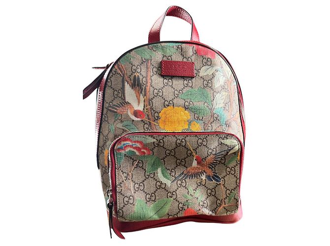 Gucci Ophidia Leder Rucksack Braun Rot Blumen Vogel Muster - Ansicht 2