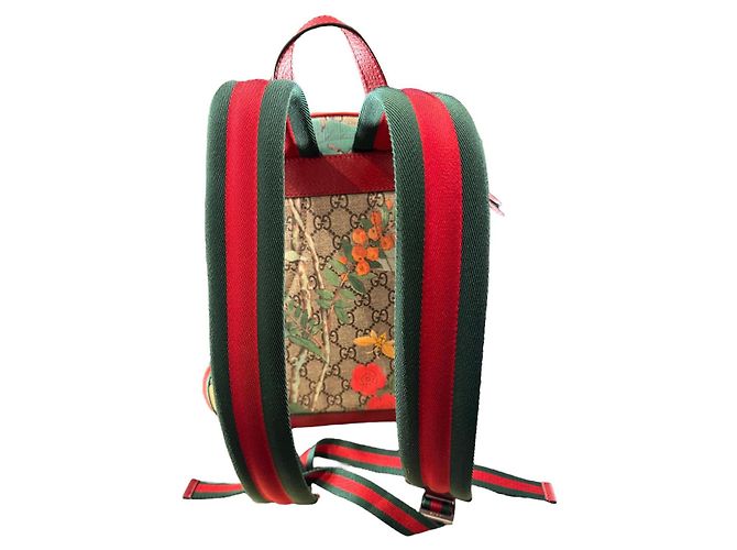 Gucci Ophidia Leder Rucksack Braun Rot Blumen Vogel Muster - Ansicht 3