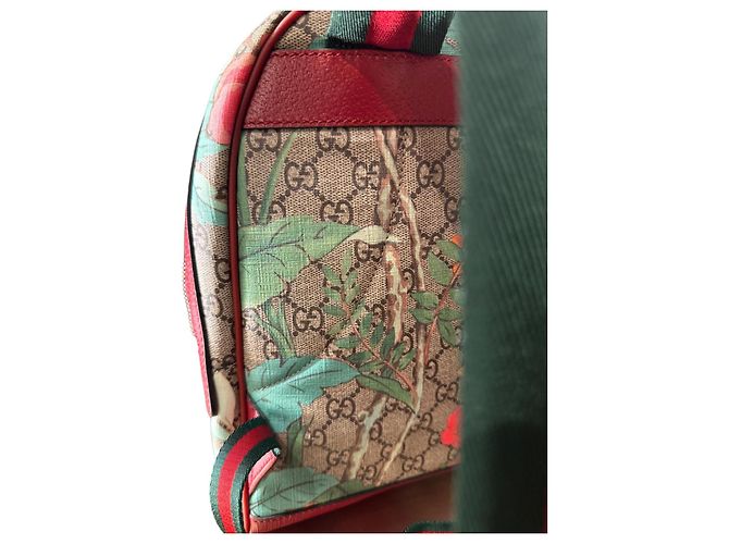 Gucci Ophidia Leder Rucksack Braun Rot Blumen Vogel Muster - Ansicht 4