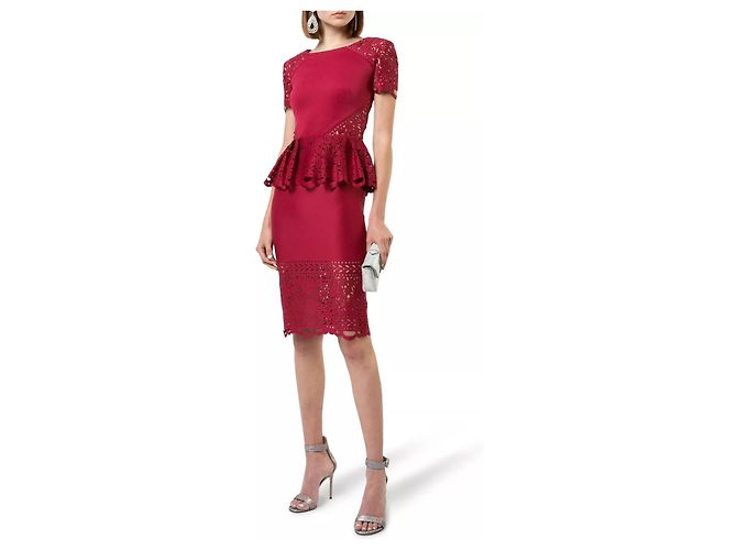 Marchesa Burgunderfarbene Laser-Cut-Peplum-Midikleid Bordeaux - Ansicht 2