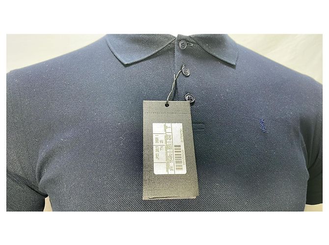 Polo in cotone blu navy con logo ricamato Saint Laurent Cassandre - vista 8
