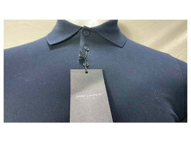 Polo in cotone blu navy con logo ricamato Saint Laurent Cassandre - vista 14