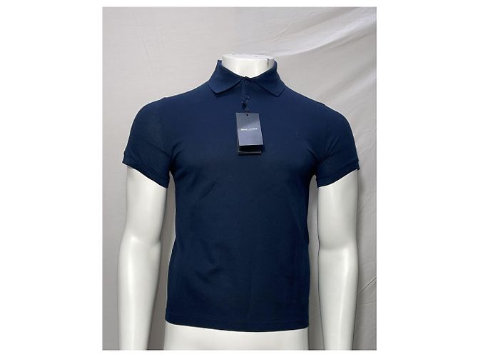 Polo in cotone blu navy con logo ricamato Saint Laurent Cassandre - vista 8