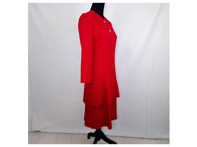Rotes Kleid mit plissiertem Rock Guy Laroche 70er - Ansicht 7